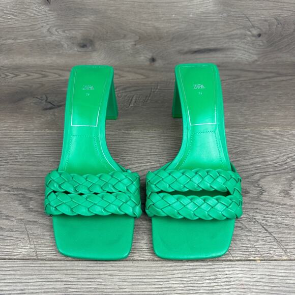 ZARA Heeled Sandals Women's 39 Green Square Toe Woven Block Heel Sandals - Picture 3 of 10